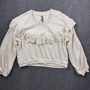 Anthropologie Sweatshirt Ruffle Crewneck Size M Cream Cropped Balloon Sleeve